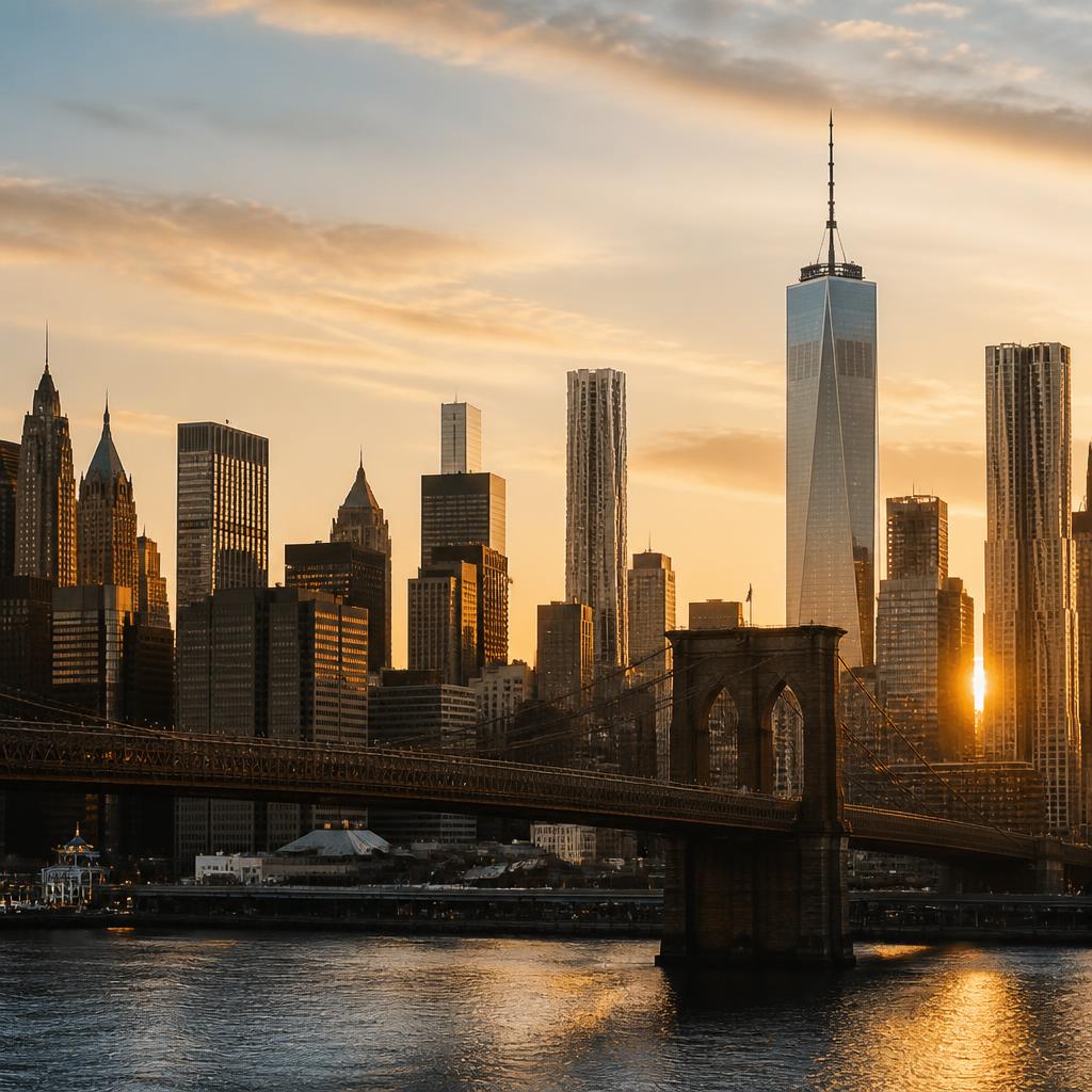 Cakrawala New York dengan Brooklyn Bridge saat golden hour