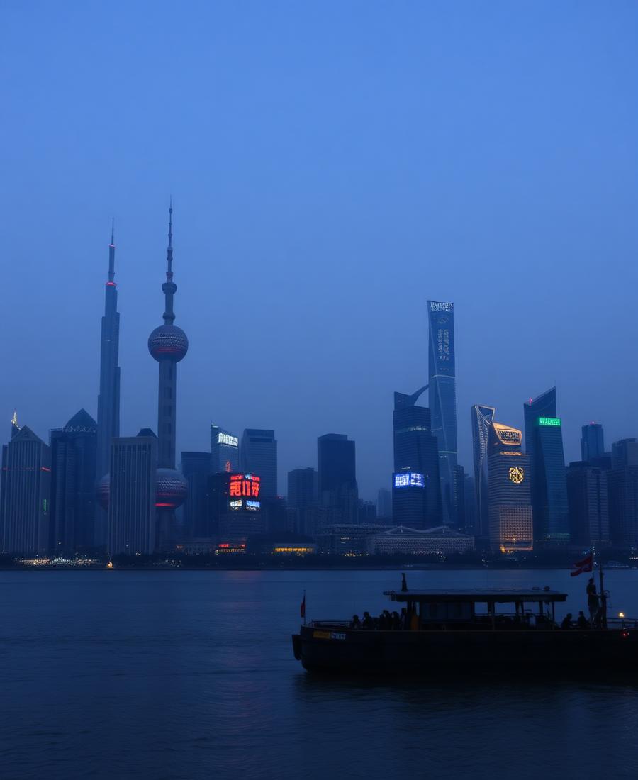 Cakrawala Shanghai dilihat dari tepian sungai saat senja