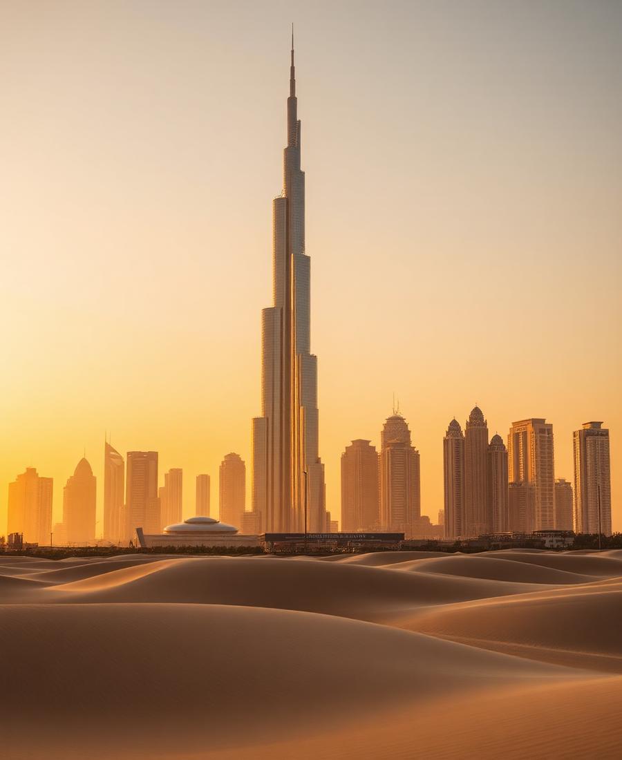Cakrawala Dubai dengan Burj Khalifa pada golden hour