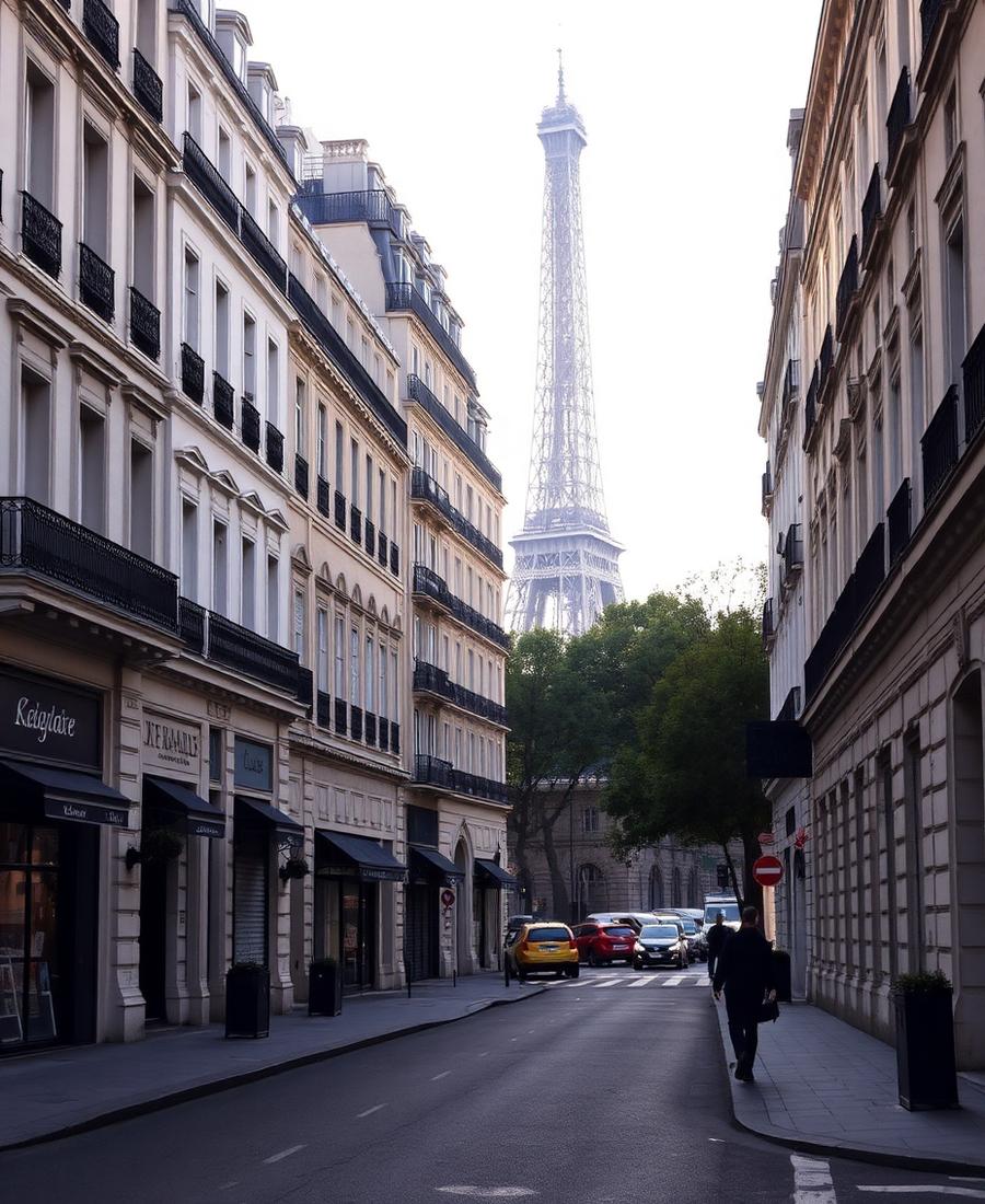 Jalan kota Paris dengan Menara Eiffel di kejauhan