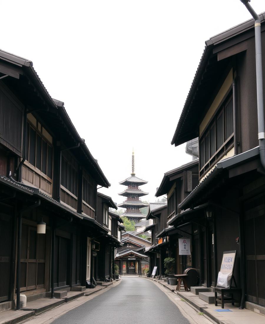 Jalan tradisional Kyoto dengan pagoda di kejauhan