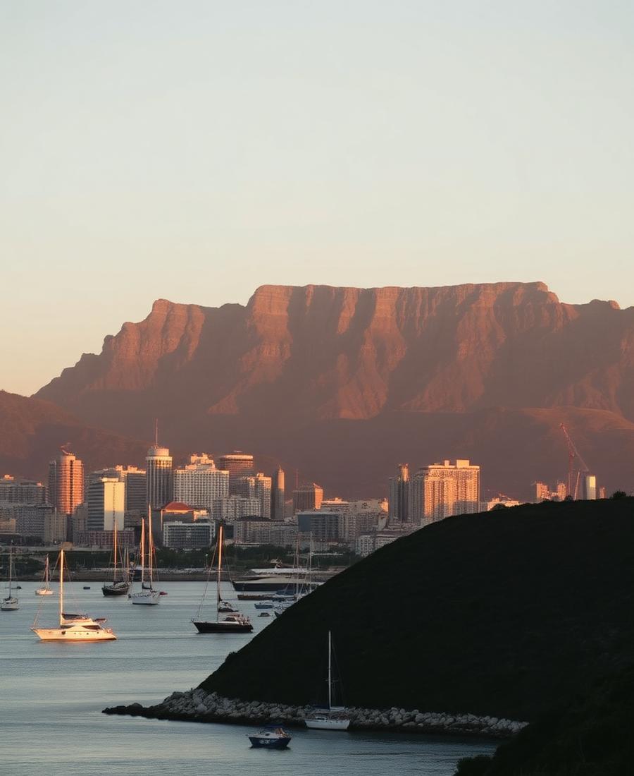 Table Mountain dengan kota dan pelabuhan Cape Town saat golden hour