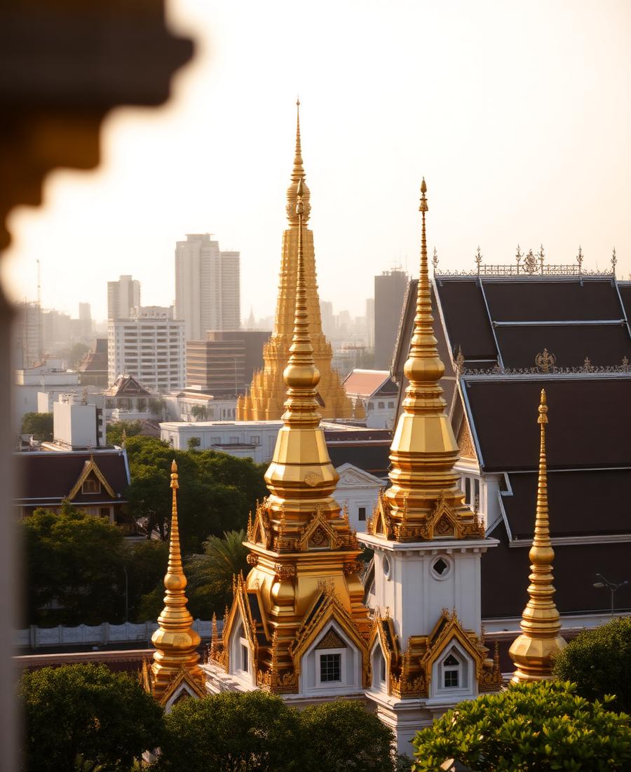 Menara kuil berlapis emas di Bangkok pada sore hari