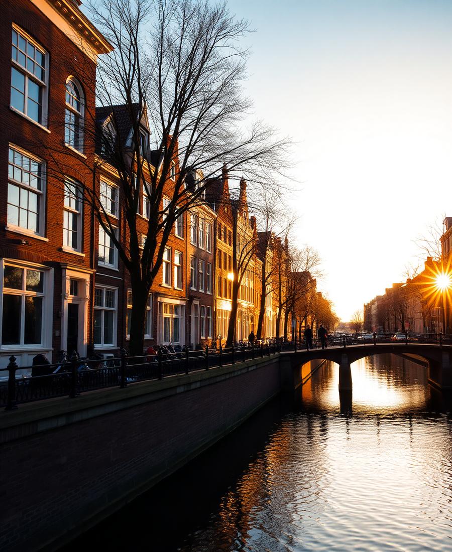 Kanal Amsterdam dengan deretan rumah kanal saat golden hour