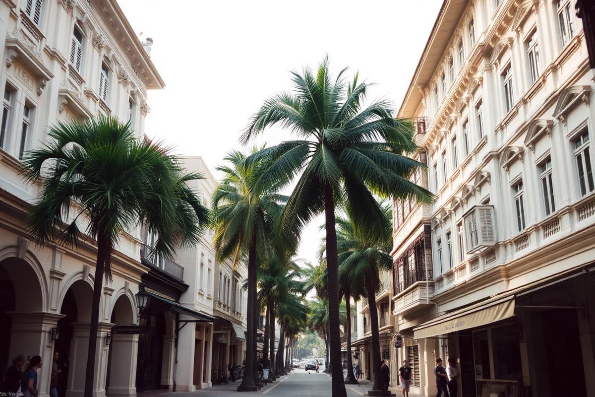 Jalan bergaya kolonial dengan pohon palem di Georgetown, Penang